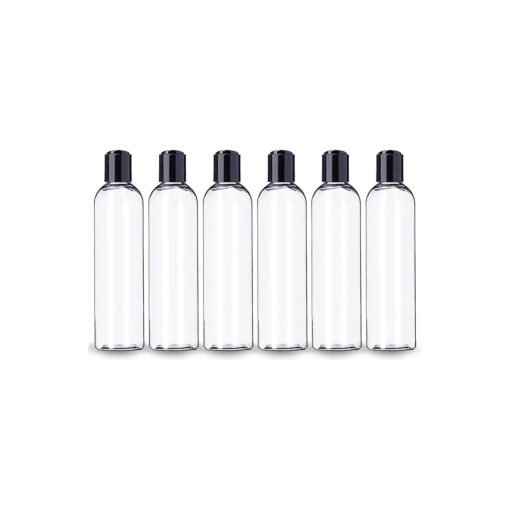 ljdeals 8 oz Clear Plastic Empty Bottles with Black Disc Top Caps, Refillable Containers for Shampoo, Lotions, Cream and More Pack of 6, BPA Free, Made in USA