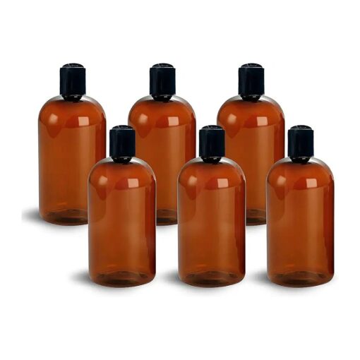 ljdeals 16 oz Amber PET Plastic Refillable Bottles with Black Disc Top Caps, Reusable Containers for Shampoo, Lotions, Cream and More, Pack of 6, BPA Free, Made in USA