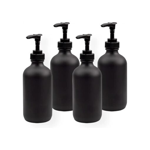 Cornucopia Black Coated 8-Ounce Glass Pump Bottles ( 4-Pack ), Great for Lotions, Liquid Soap, Aromatherapy and More