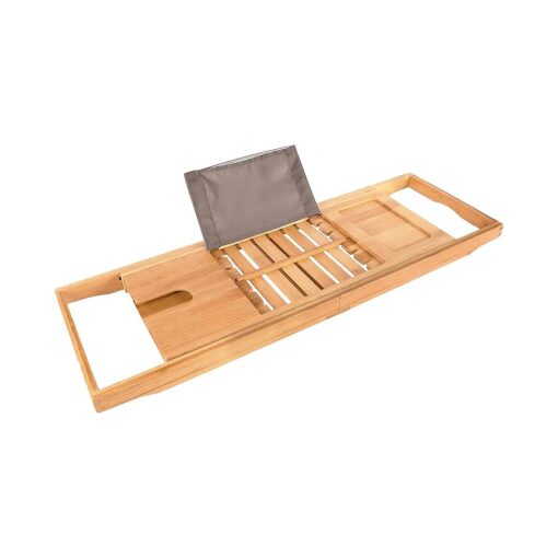 Premium Bath Caddy - Extendable Bamboo Wood Bathtub Tray with Adjustable Reading Rack for Book, iPad or Kindle - Tablet Slot or Cellphone - Wine Glass Holder