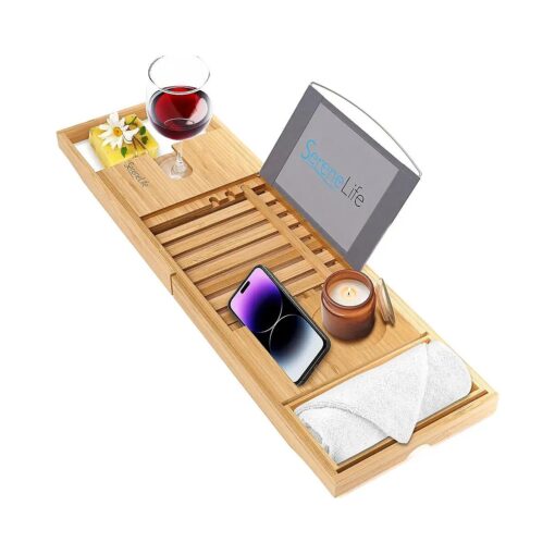 SereneLife Luxury Bamboo Bathtub Caddy Tray - Adjustable Natural Wood Bath Tub Organizer with Wine Holder, Cup Placement, Soap Dish, Book Space & Phone Slot for Spa, Bathroom & Shower - SLBCAD20