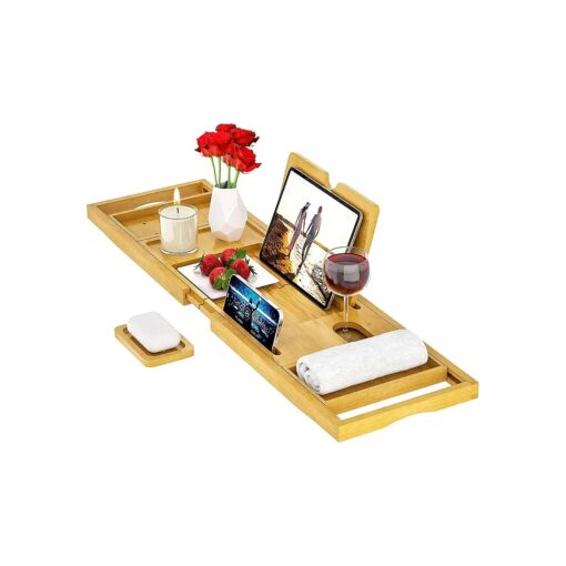 Premium Bathtub Tray Caddy - Bath Tray Bamboo Expandable - Bath Tub Tray Table for Bathtub - Expandable Size, Fits Most Bath Tubs