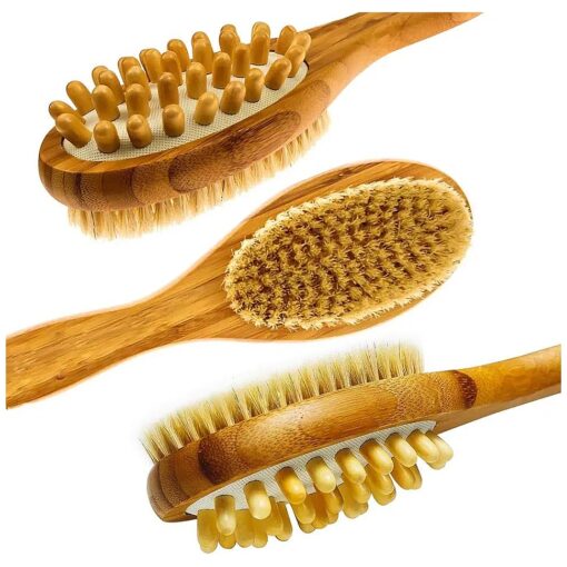 LunaBody Bamboo Body Brush for Back Scrub - Natural Boar Bristle Shower Brush Scrubber with Long Handle - Exfoliate Skin and Cellulite - Wet or Dry