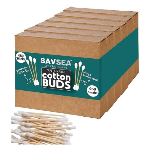 Bamboo Cotton Ear Buds, Swabs, 480 Stems, 960 Swabs ( Pack Of 6 ), Multipurpose Double Tip Cotton Earbuds, Swabs With Sustainable Bamboo Better Than Wooden Stick, Cotton Swabs For Ear