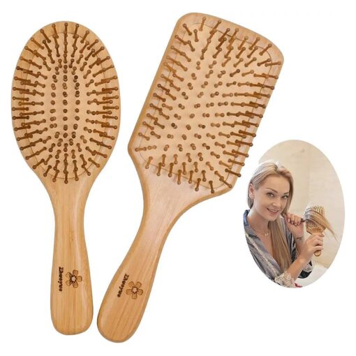 Zhuoyue Wooden Bamboo Hair Brush - Paddle Hair Brush Set with Bamboo Bristle Reduce Frizzy & Massage Scalp 2 pcs