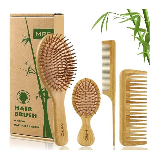 MRD Hair Brush Set, Natural Bamboo Comb Paddle Detangling Hairbrush, Wide-tooth and tail comb No Bristle, suit for Women Men and Kids Thick/Thin/Curly/Dry Hair Gift kit Yellow