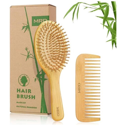 Bamboo Paddle Hair Brush and Comb Set Natural Eco-Friendly No Wooden Hairbrush Reduce Frizz and Massage Scalp Thin Long Curly MRD For Women Men and Kids