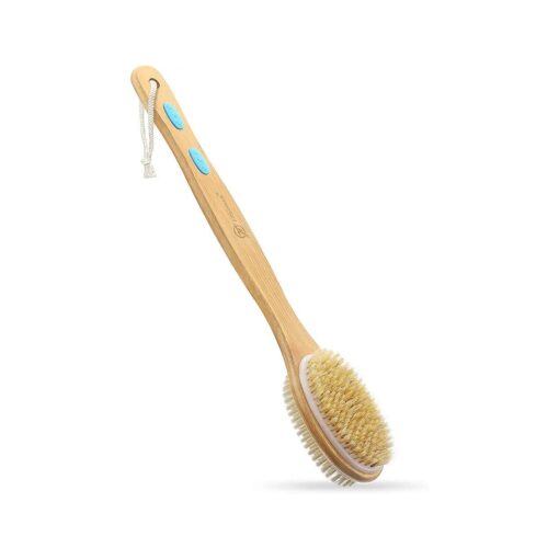 Long Bamboo Handle Body Brush Back Scrubber - Dual-Sided Bath Shower Brush with Stiff and Soft Bristles for Wet or Dry Brushing, Exfoliating Skin, Cellulite Removal and Lymphatic Drainage