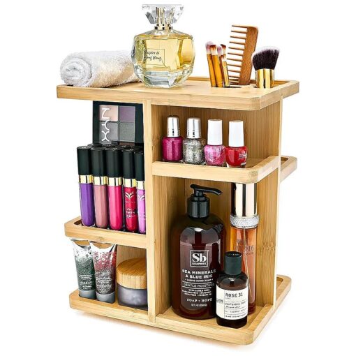 Sorbus 360deg Makeup Organizer - Bamboo Wood Make Up Storage Carousel for Cosmetics, Skin Care Rotating Makeup Organizer for Vanity, Bathroom Storage