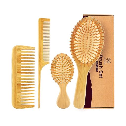 Bamboo Hair Brush Comb Set - Natural Wooden Hairbrush Paddle Detangling for Thick Thin Curly Straight Wavy Dry Fine Hair, Men Women and Kids, Static-Free ( 4 Pcs ) Yellow