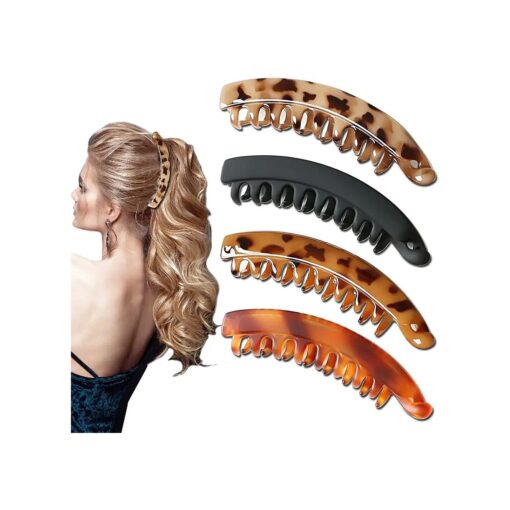 Banana Hair Clips for Women Classic Clincher Double Comb Clips Hair Leopard Banana Ponytail Holder Clip for Thick Hair 4 Colors