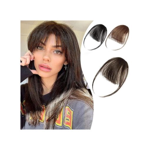 Bangs Hair Clip in Bangs Wispy Bangs Temples Hairpieces for Women Clip on Air Bangs Flat Neat Bangs Hair Extension for Daily Wear ( Wispy Bangs, Black Brown 4 # )