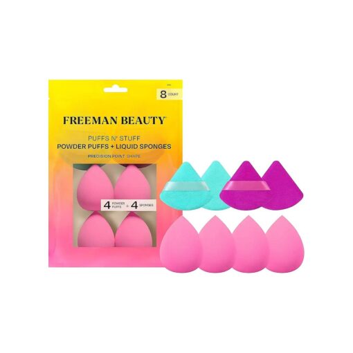 Freeman 8 Count Puffs N ' Stuff Powder Puffs + Liquid Sponges Set, Makeup Blending Sponges For Liquid & Cream Foundation & Concealer, Triangle Powder Puff For Setting Powder, Vegan & Cruelty Free