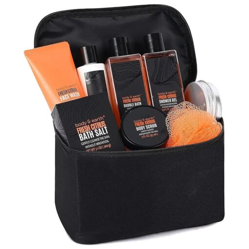 Gift Baskets for Men - Bath Spa Gift Set for Men, Body and Earth Citrus Scented Mens Bath Set with Body Lotion, Face Wash, Shower Gel, Bubble Bath, Loofa & More, Valentine Day Gifts for Men