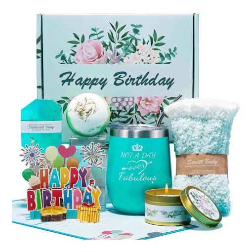 Happy Birthday Gifts for Women, Bath Relaxing Spa Gift Basket for Her, Mom, Sister, Female Friends, Daughter, Unique Wine Gift Set Idea for Women Who Have Everything