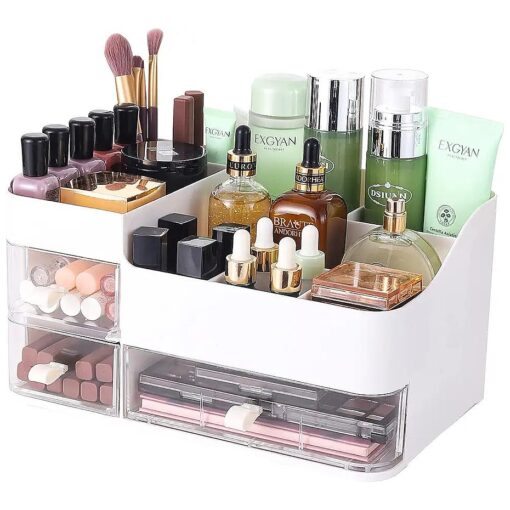 White Makeup Organizer with 3 Drawers -Plastic Skincare and Cosmetic Storage for Vanity Countertop, Dresser Top Organizer for Lotions, Beauty Products, Cologne Perfume-Bathroom Countertop Organization