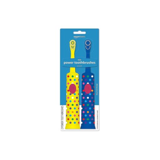 Basics Kids Battery Powered Toothbrush, 2 Count, 1 Pack ( Previously Solimo ), Yellow & Blue