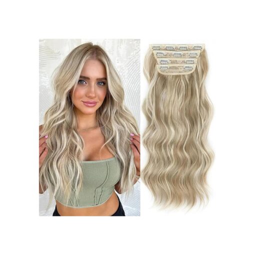 ALXNAN Hair Extensions, 4PCS Clip in Hair Extensions,20 Inches Beach Blond Long Wavy Natural Soft Synthetic Hairpieces for Women