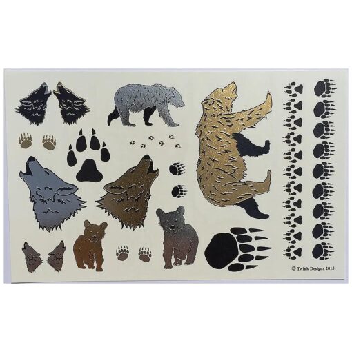 Bear and Wolves Temporary Tattoos for Kids | 32 Tattoos on 2 Sheets | Fake Tattoos for Boys and Girls | Fun Metallic Shiny Animal Tattoos for Kids | By Twink Designs