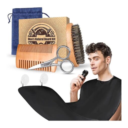 Husband Dad Men Gifts for Fathers Day, Beard Brush Mustache Comb Beard Scissors & Beard Bib Apron Hair Trimming Catcher, Natural Boar Bristle Brush & Dual Action Comb, Beard Care Kit Grooming Set