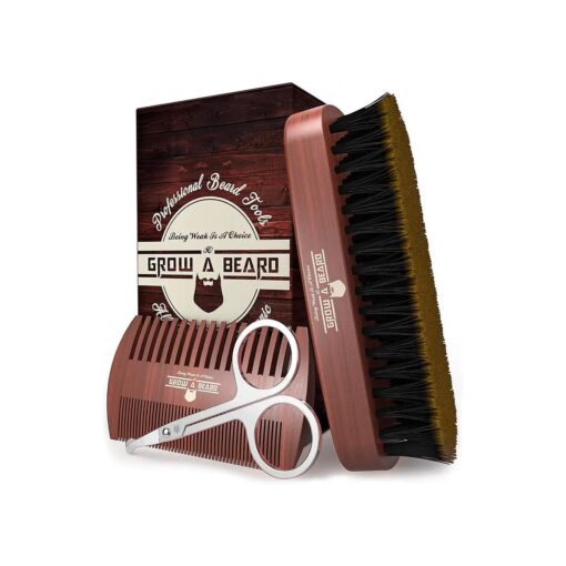 Beard Brush for Men & Beard Comb Set w/Mustache Scissors Grooming Kit, Natural Boar Bristle Brush, Dual Action Wood Comb, and Travel Bag Great for Christmas Gift ( Brown )