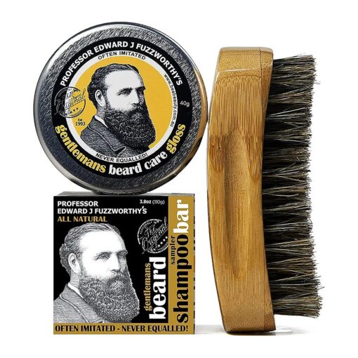 Beard Care Grooming Kit Gift Set | Professor Fuzzworthy Best Beard Shampoo, Conditioner Balm & Boar Bristle Brush | Holiday Gifts for Men | 100 % Natural | Organic Essential & Kunzea Oils