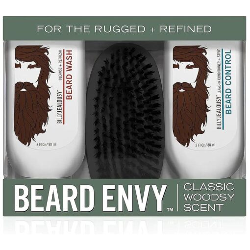 Billy Jealousy Beard Envy Facial Hair Refining Kit - with Beard Wash Beard Control and Boar Bristle Brush for Clean, Hydrated, Soft, Tamed Unruly Mane