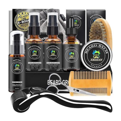 XIKEZAN Beard Kit, Beard Grooming Care Kit w/Beard Roller ( 0.25mm ), Beard Wash,2 Pack Beard Serum, Beard Oil, Balm, Comb, Brush, Scissor, Bag, E-Book, Mens Stocking Stuffers Gifts for Men Him Boyfriend Husband