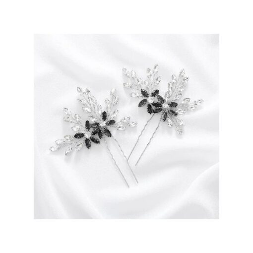 Unicra Wedding Crystal Flower Hair Pins Decorative Wedding Bridal Hair Accessories for Brides Pack of 2 ( Black )