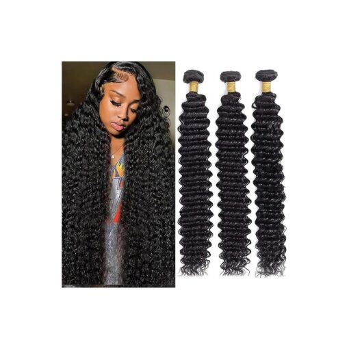 12A Deep Wave Bundles Human Hair 20 22 24Inch Brazilian Deep Wave Curly 3 Bundles Human Hair Bundles 100 % Unprocessed Virgin Wet and Wavy Bundles Double Weft Deep Wave Hair Bundles Natural Black