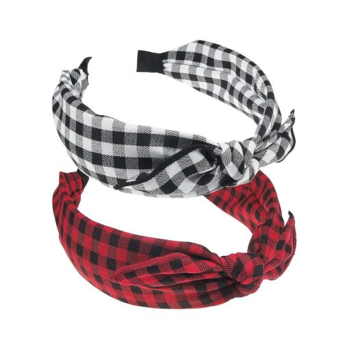 VIVIAN & VINCENT 2 Pack of Womens Vintage Plaid Headbands Headwraps Hair Band with Bow Valentines Gifts for Her Buffalo Plaid Checker Red Black