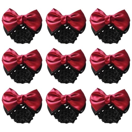 MOTZU 9 Pieces Bowknot Snood Net Barrette Hair Clip Bun Cover Hairnet Lace Bow Decor for Woman, Red