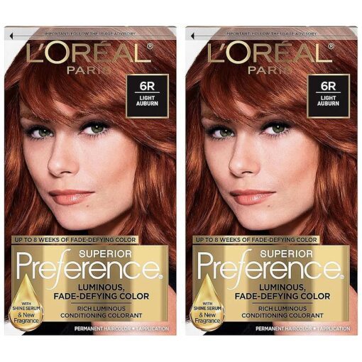 L'Oreal Paris Superior Preference Luminous Fade-Defying Permanent Hair Color, Hair Dye For Up to 9 Weeks of Radiance, Light Auburn 6R, 1 Hair Dye Kit ( Pack of 2 )