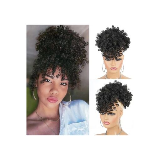 Afro Puff Drawstring Ponytail with Bangs Pineapple Updo Hair for Black Women, Short Kinky Curly Ponytail Bun ( 1B )