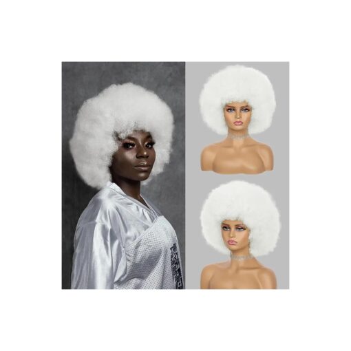 Platinum Blonde Afro Wig For Women - Soft 70s Afro Kinky Curly Hair Wigs With Bangs Natural Looking Short Afro Curly Wig Bouncy White Afro Puff Wig Synthetic Hair Big Afro Wig For Daily Party Use