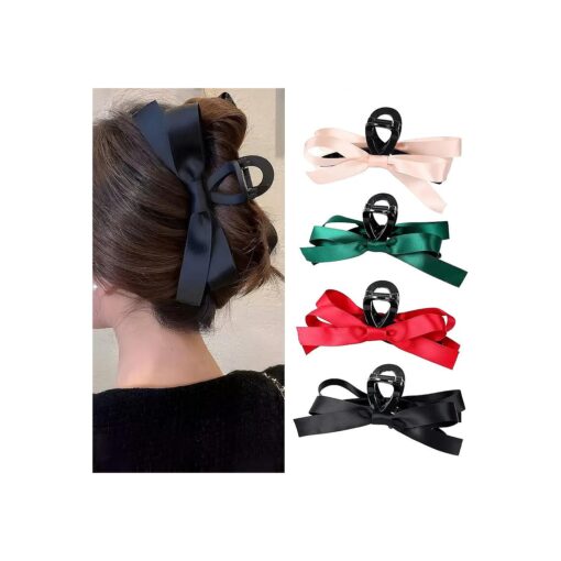 MHDGG Big Bow Hair Claw Clips for Women,4pcs Bow Hair Barrette Nonslip Claw Clip for Thin Thick Curly Hair, Bow Hair Dress Up Accessories for Birthday Party Show Christmas Thanksgiving ( Black Pink Green Red )