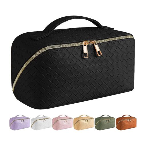 SFXULIX Large Capacity Travel Cosmetic Bag - Makeup Bag, PU Leather Waterproof Cosmetic Bag, Women Portable Travel Makeup Bag With Handle and Divider Flat Lay Makeup Organizer Bag ( Black )