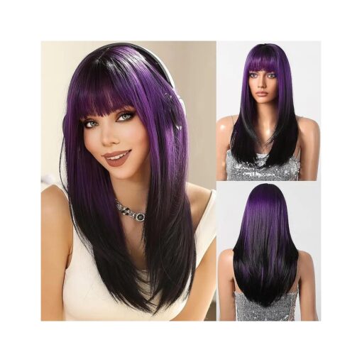 Purple Wigs for Women Long Straight Layered Wigs With Bangs Natural Color Looking Heat Resistant Synthetic Fiber Wigs for Any Occasion Use