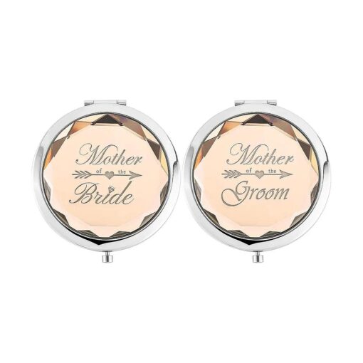 2 Pack, Wedding Keepsake Gift,1 Mother of the Bride makeup mirror 1 Mother of The Groom makeup mirror, Crystal Pocket Compact Makeup Mirror, Engraved Present ( champagne )