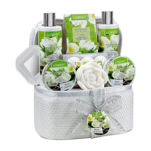 Fathers Day Bath and Body Gift Basket For Women & Men, 14 Piece Set in White Jasmine Scent - Home Spa Set with 6 Bath Bombs, Body Lotion, Rose Soaps, Hand Crafted White Sequined Cosmetics Bag and More