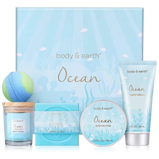 Gifts for Women, Bath and Body Gift Set for Women with 5 Pcs Ocean Scented Spa Gifts for Women, Bath Sets Includes Scented Candle, Body Butter, Hand Cream, Bath Bomb, Bath Gifts for Women