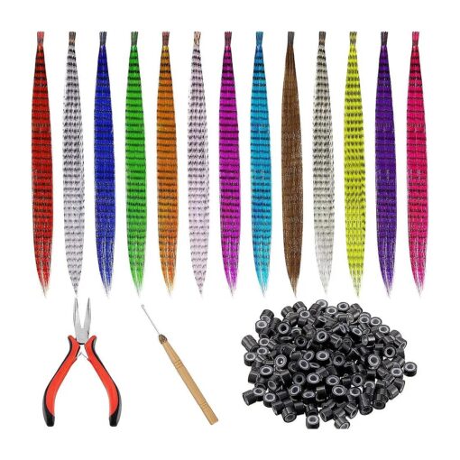 Xinnun 52 Pcs Colored Hair Feathers Extension Kit, Long Rainbow Synthetic Hair Feather False Hair Extension with 200 Pcs Silicone Lined Micro Ring, Crochet Hook, Hair Extension Remover Plier for Women