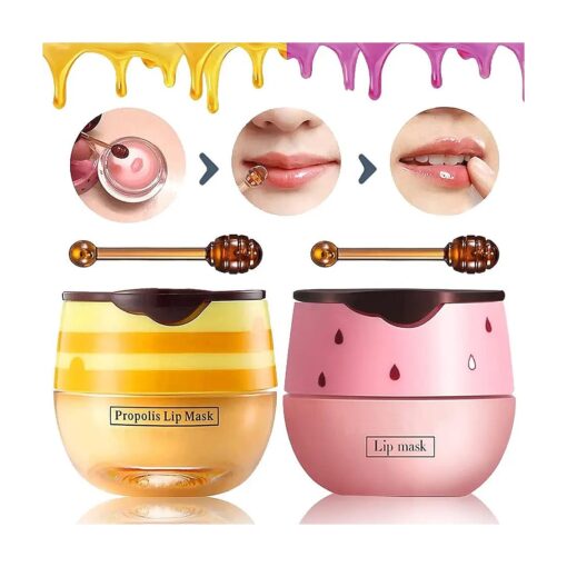 Bee Lip Balm Honey Pot, 2 PCS Strawberry & Honey Lip Masks Hydrating Prevention Dry and Cracked Lip Scrubs Exfoliator, Lip Sleep Mask Reduces Lip Lines, Lip Exfoliating BeeLip Balm Sleeping Lip Mask