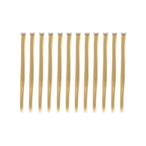 SWACC 12 Pcs Straight One Color Party Highlights Clip on in Hair Extensions Colored Hair Streak Synthetic Hairpieces ( Beige Blonde )