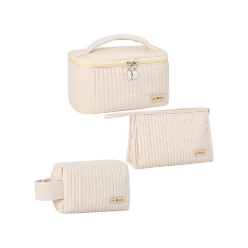 Makeup Bag Set of 3 Cute Cosmetic Travel Bag Organizer Pouch Set for Women PU Leather Waterproof Toiletry Bag 3 Piece Set, Beige