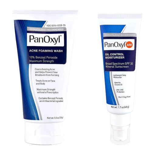 PanOxyl Foaming 10 % Foaming Benzoyl Peroxide Acne Wash and Oil Control Moisturizer Bundle