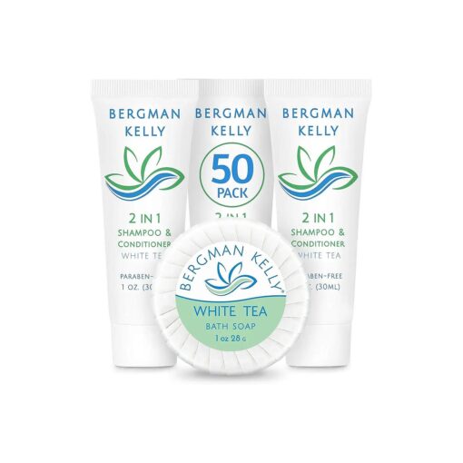 BERGMAN KELLY Round Soap Bars, 2in1 Shampoo & Conditioner 2-Piece Set ( White Tea, 1 oz each, 100 pc ), Delight Your Guests with Revitalizing & Refreshing Sanitary Toiletries & Hotel Amenities