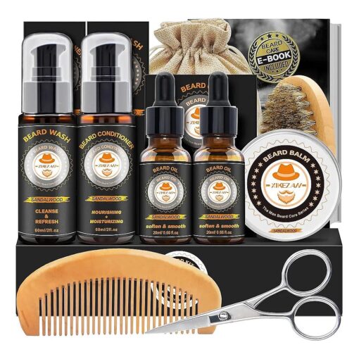 XIKEZAN Beard Kit, Beard Grooming Kit w/2 Pack Sandalwood Beard Care Oil, Beard Wash, Beard Balm, Beard Comb, Brush, Scissor, Bag, E-Book, Mens Stocking Stuffers for Men, Valentines Day Gifts for Him Boyfriend