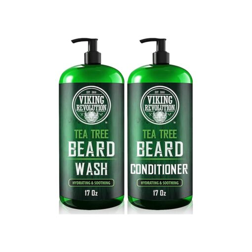 Viking Revolution Tea Tree Oil Beard Wash and Beard Conditioner For Men - Natural Beard Softener Set with Argan Oil, Vitamin E and Ginseng - Beard Shampoo and Conditioner Set ( 17 Oz )