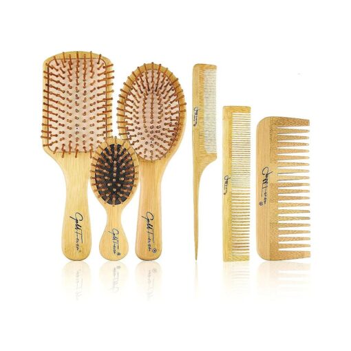 BestFire 6 in 1 Hair Brush Comb for Men Women Handle Bamboo Bristle Hairbrush Set with Tail Comb, Tooth Comb, Double Head Comb, 3 Different Air Cushion Massage Brush for Massaging Scalp